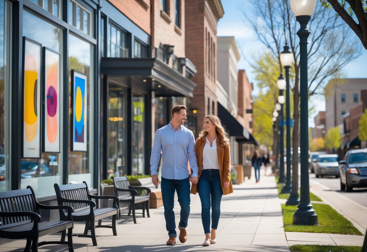 A couple walking hand-in-hand on a sunny downtown street lined with art galleries and shops.