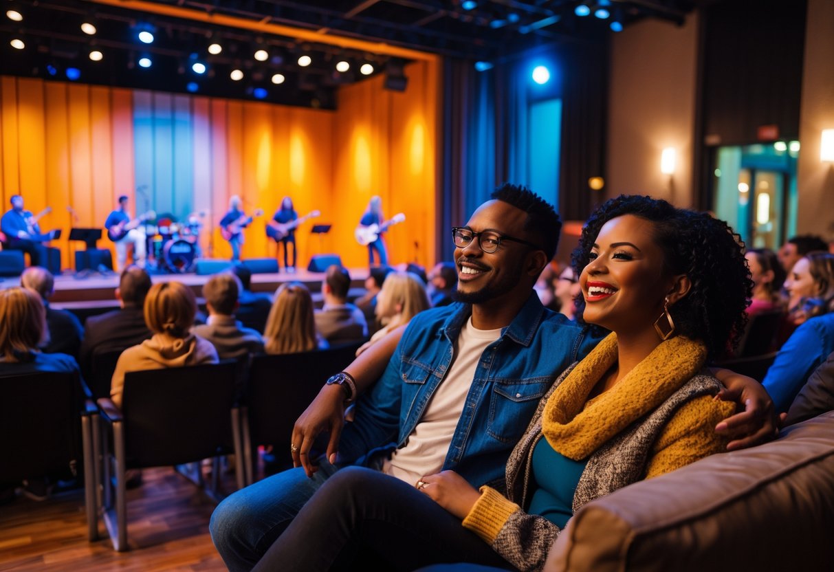 A couple enjoying a live music show inside the Dahl Arts Center with musicians performing on stage and an audience watching.