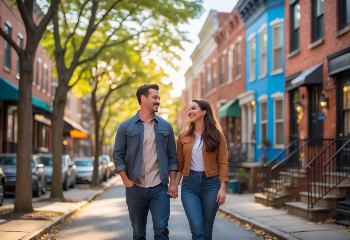 A young couple walking hand-in-hand on a sunny street lined with brick houses and shops in a Philadelphia neighborhood.