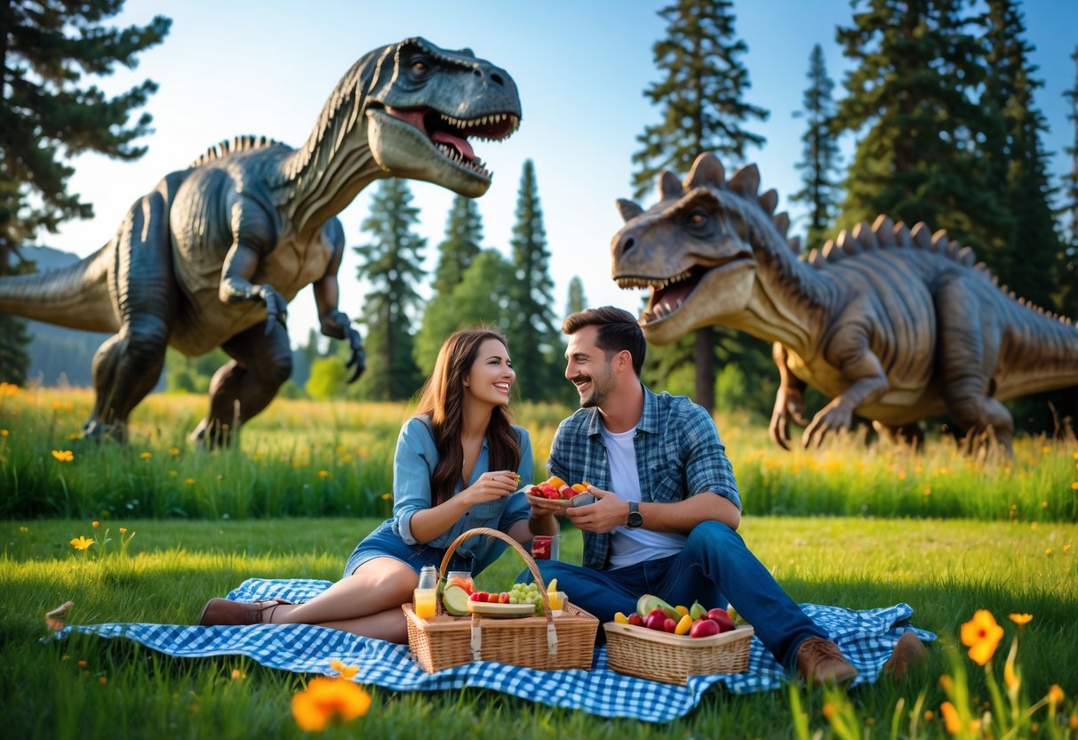 A young couple enjoying a picnic on a blanket near large dinosaur sculptures in a green park with trees and a clear sky.