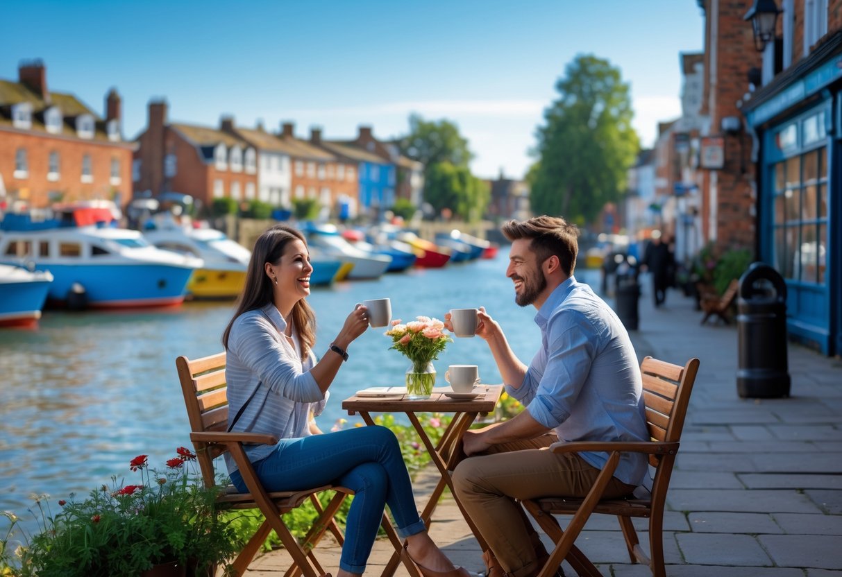A young couple enjoying coffee at an outdoor café by the waterfront in Ipswich on a sunny day.