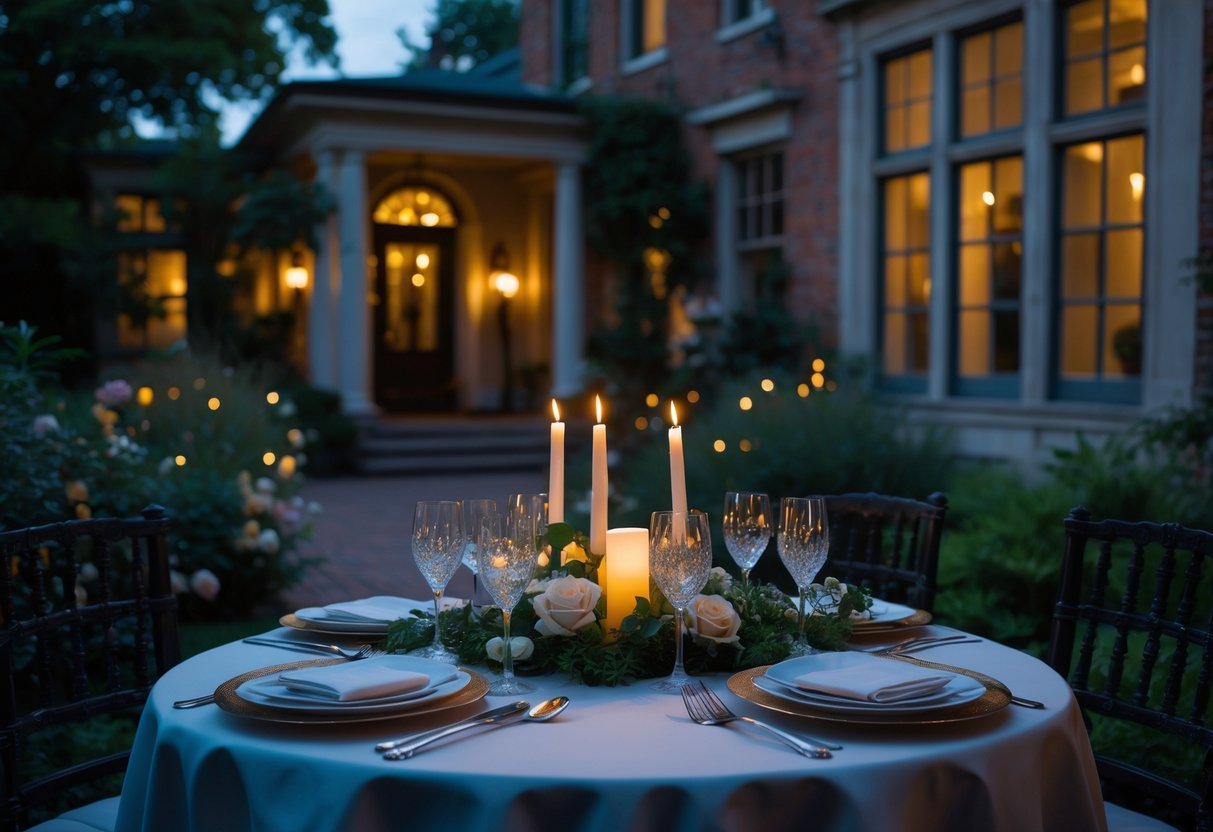 A romantic outdoor dinner table set for two with candles and wine glasses in a garden at a historic house during twilight.