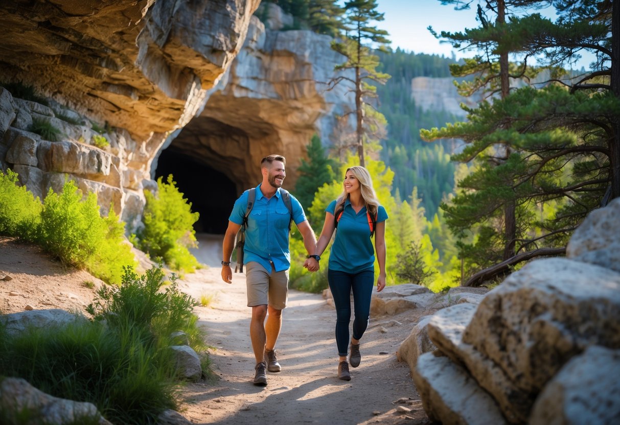 A couple holding hands and smiling while exploring the entrance of a cave surrounded by trees and rocks.