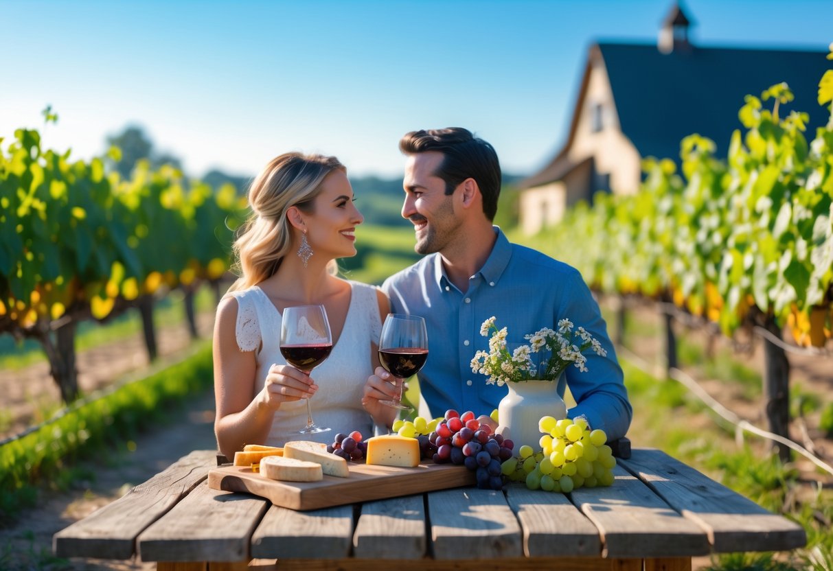 A couple enjoying wine tasting outdoors at a vineyard with a wooden table, wine glasses, cheese board, and grapevines in the background.