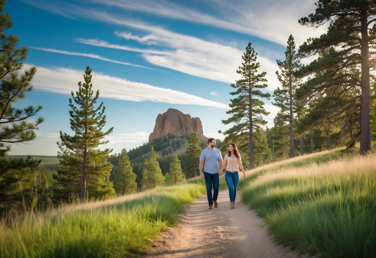 A couple walking hand in hand on a trail at Bear Butte State Park with trees and rock formations in the background.