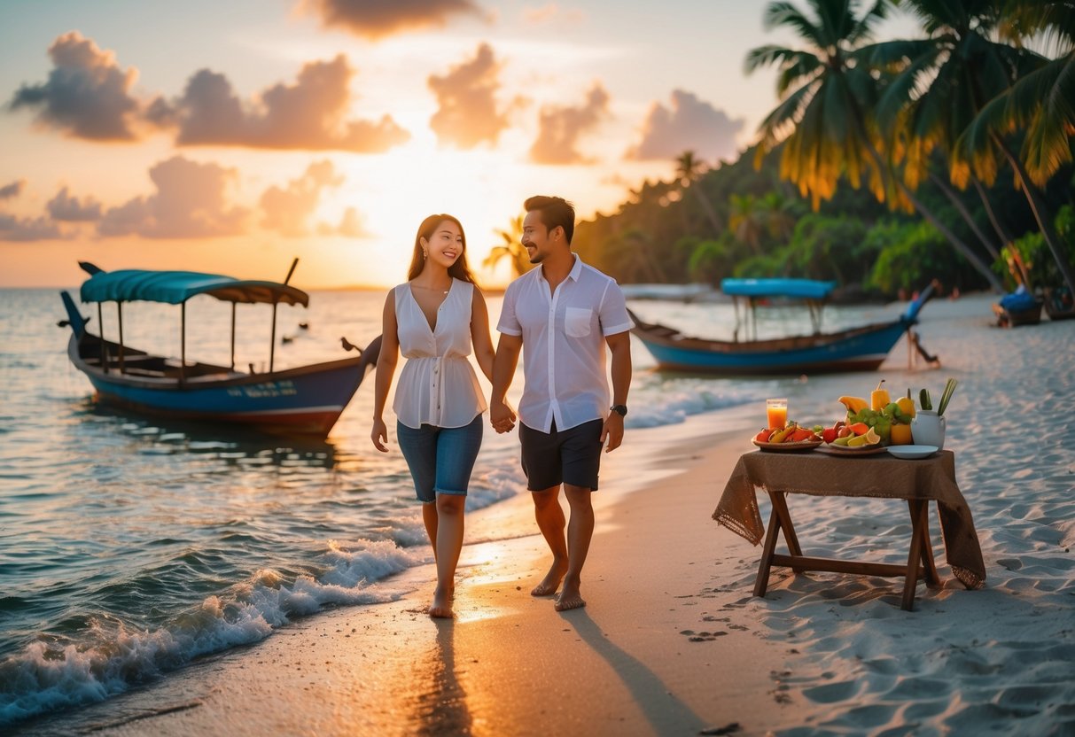 A couple walking hand in hand on a tropical beach at sunset with palm trees and boats in the background.