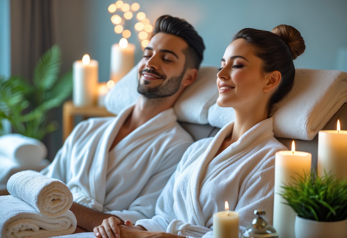 A couple enjoying relaxing spa treatments together in a calm, modern spa room.