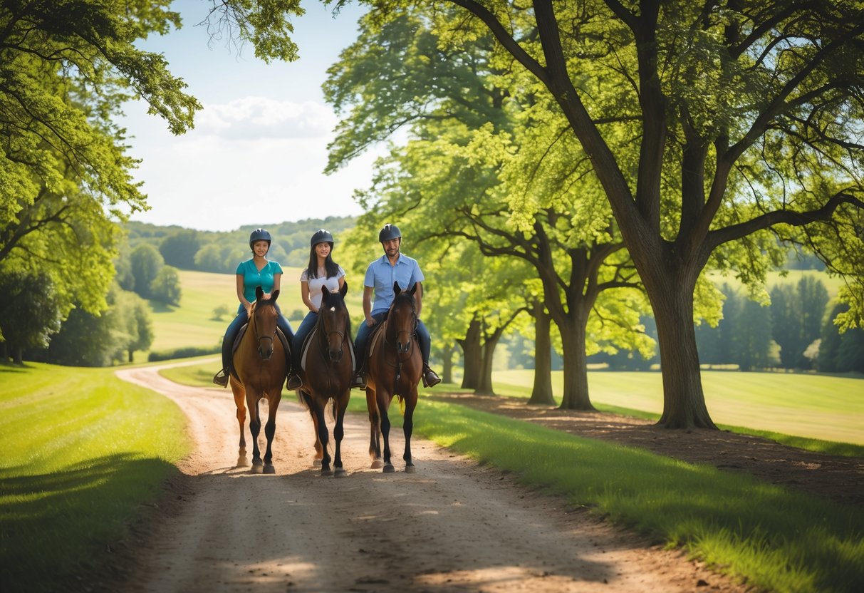 A couple horseback riding together on a tree-lined trail at a scenic estate.