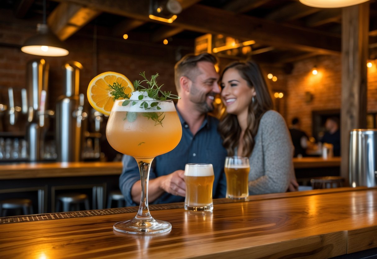 A couple enjoying craft cocktails together at a cozy brewery bar with warm lighting and rustic decor.