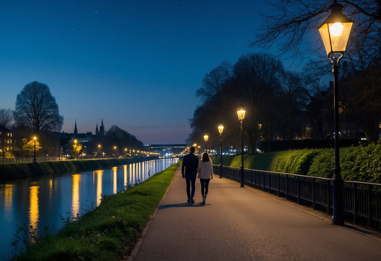 A couple walking together along a riverside path at night with street lamps and calm water nearby.