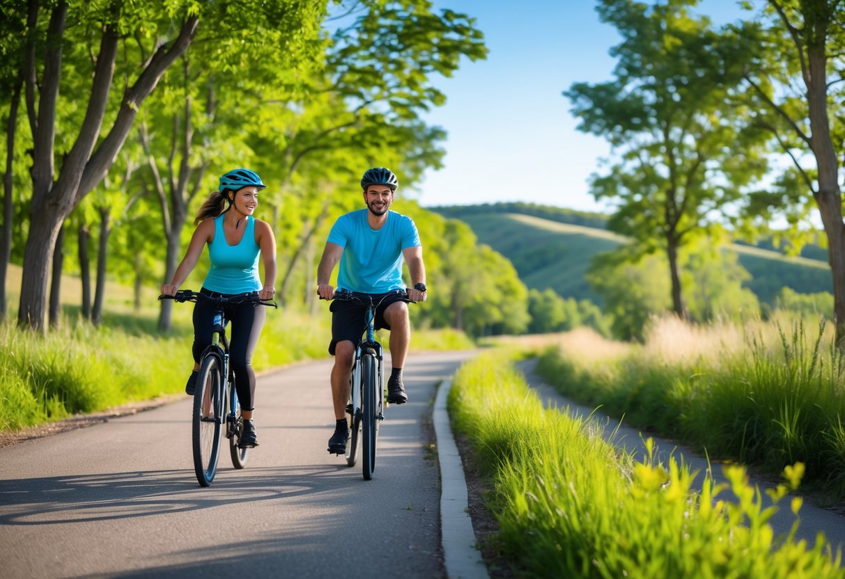 A couple riding bicycles together on a tree-lined trail surrounded by greenery.