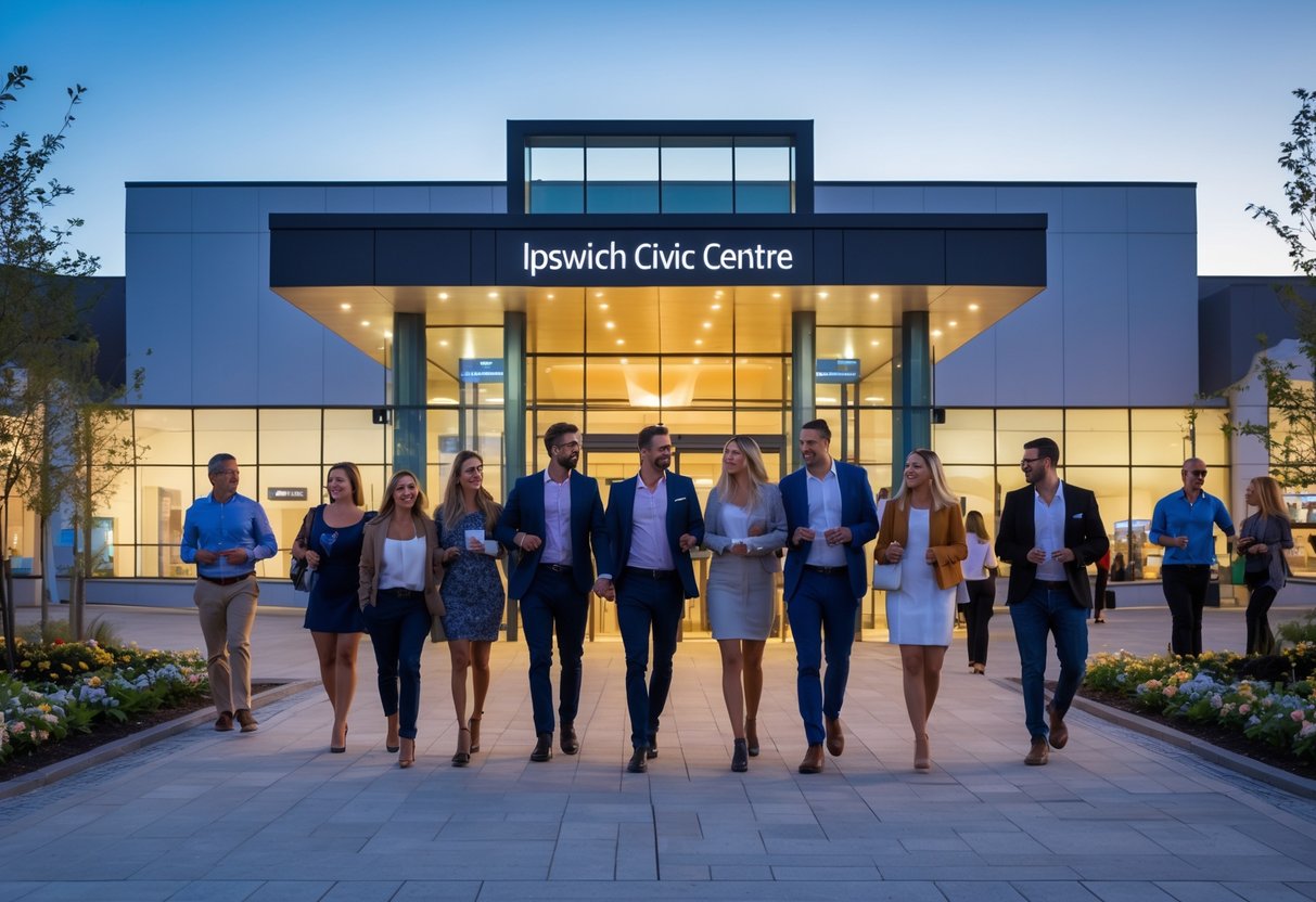 Couples and friends walking towards the entrance of Ipswich Civic Centre in the evening, preparing to attend a show.