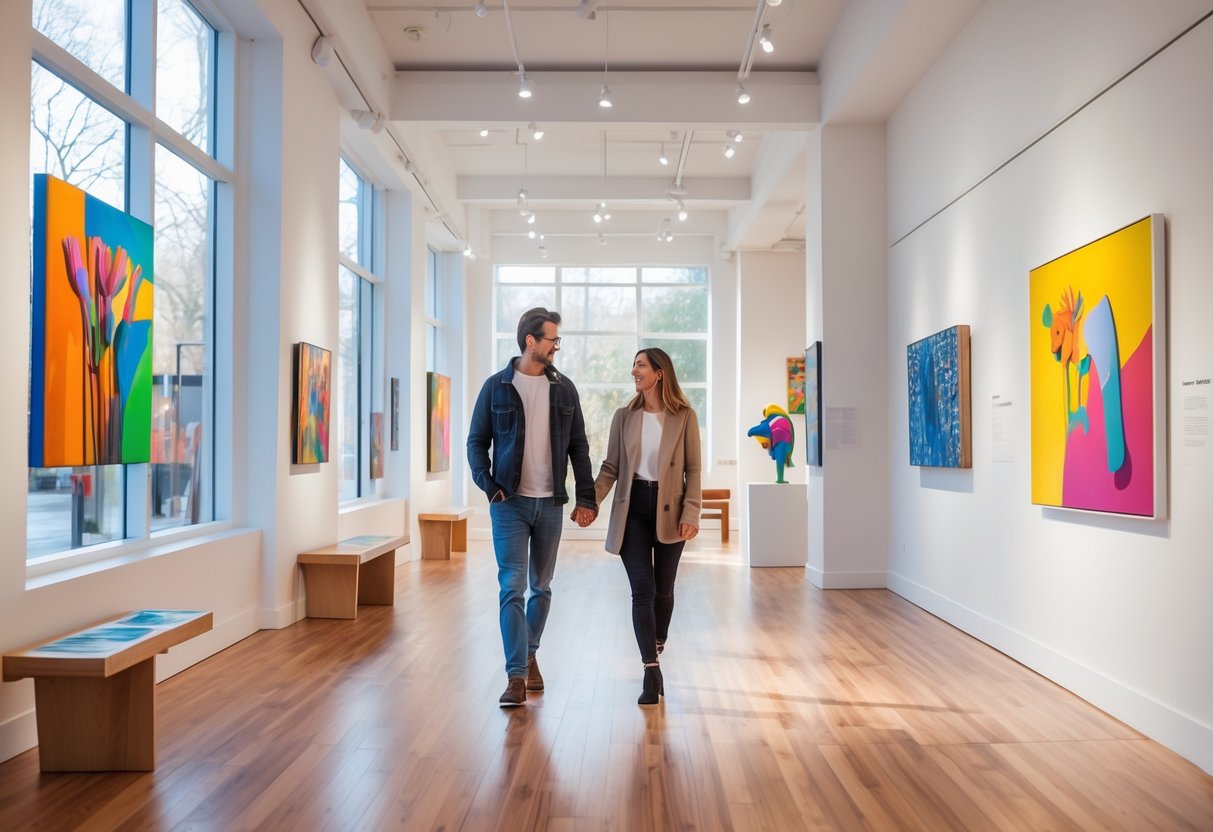 A young couple walking hand in hand inside an art gallery with colorful paintings and sculptures around them.