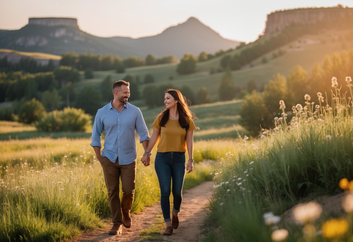 A couple walking hand-in-hand on a scenic trail with hills and greenery in the background during sunset.