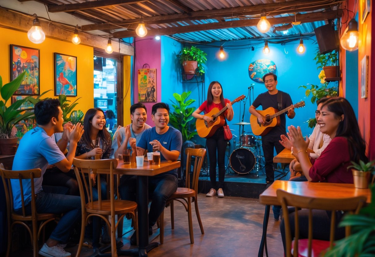 People enjoying a live music performance inside a cozy café with warm lighting and rustic decor.