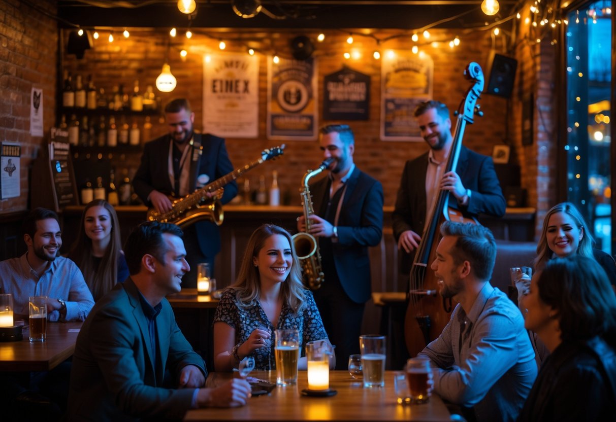 Couples and friends enjoying live jazz music at a cozy local bar with musicians playing on stage.
