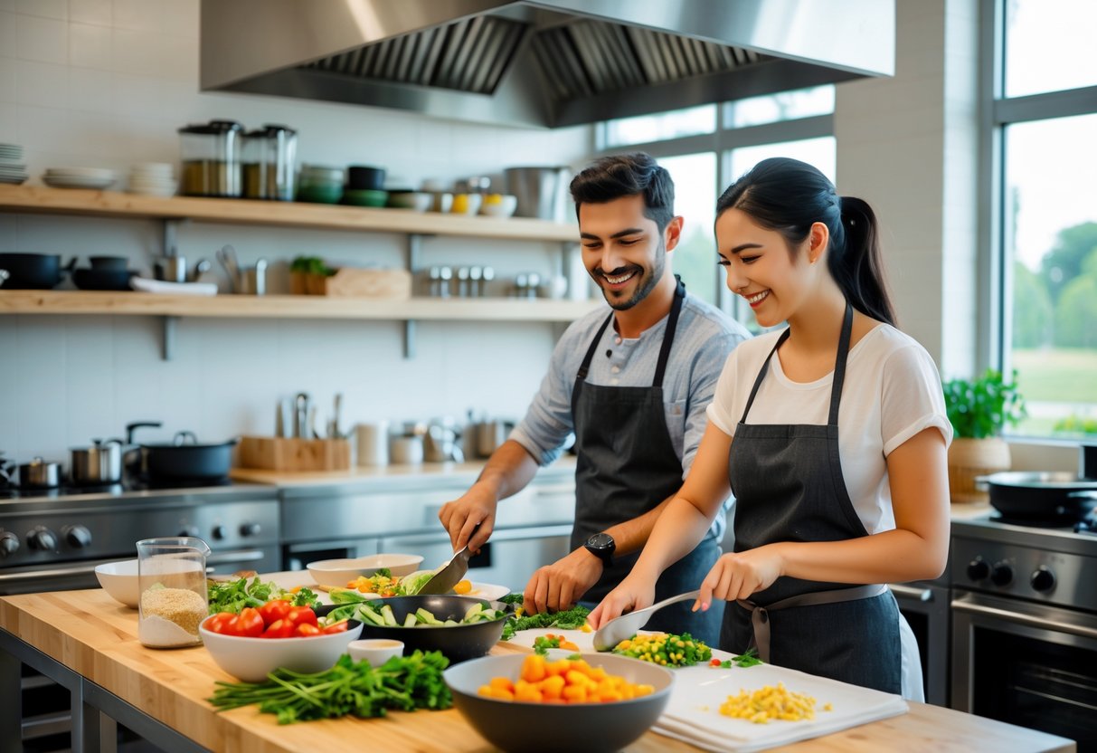 A couple cooking together in a bright kitchen classroom, preparing food side by side.