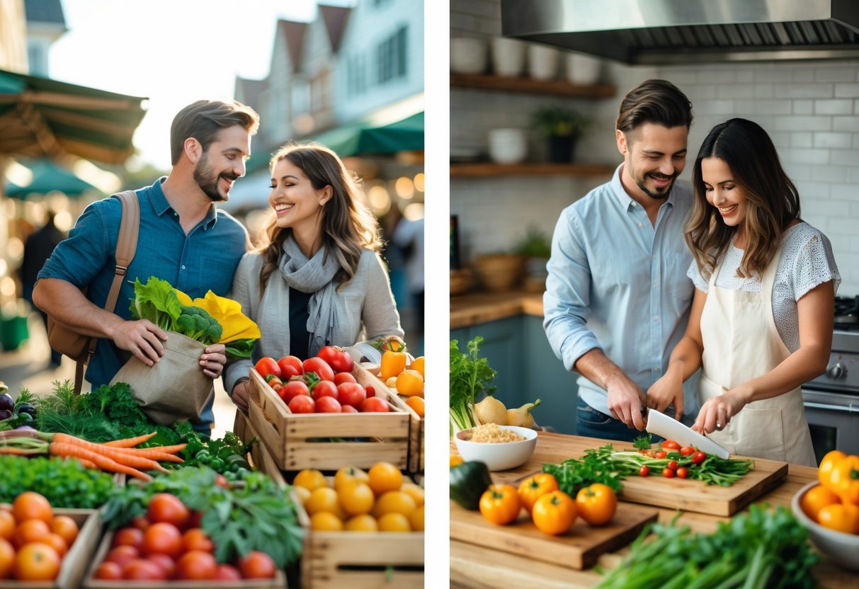A couple shopping for fresh produce at an outdoor farmers market and cooking together in a bright kitchen.