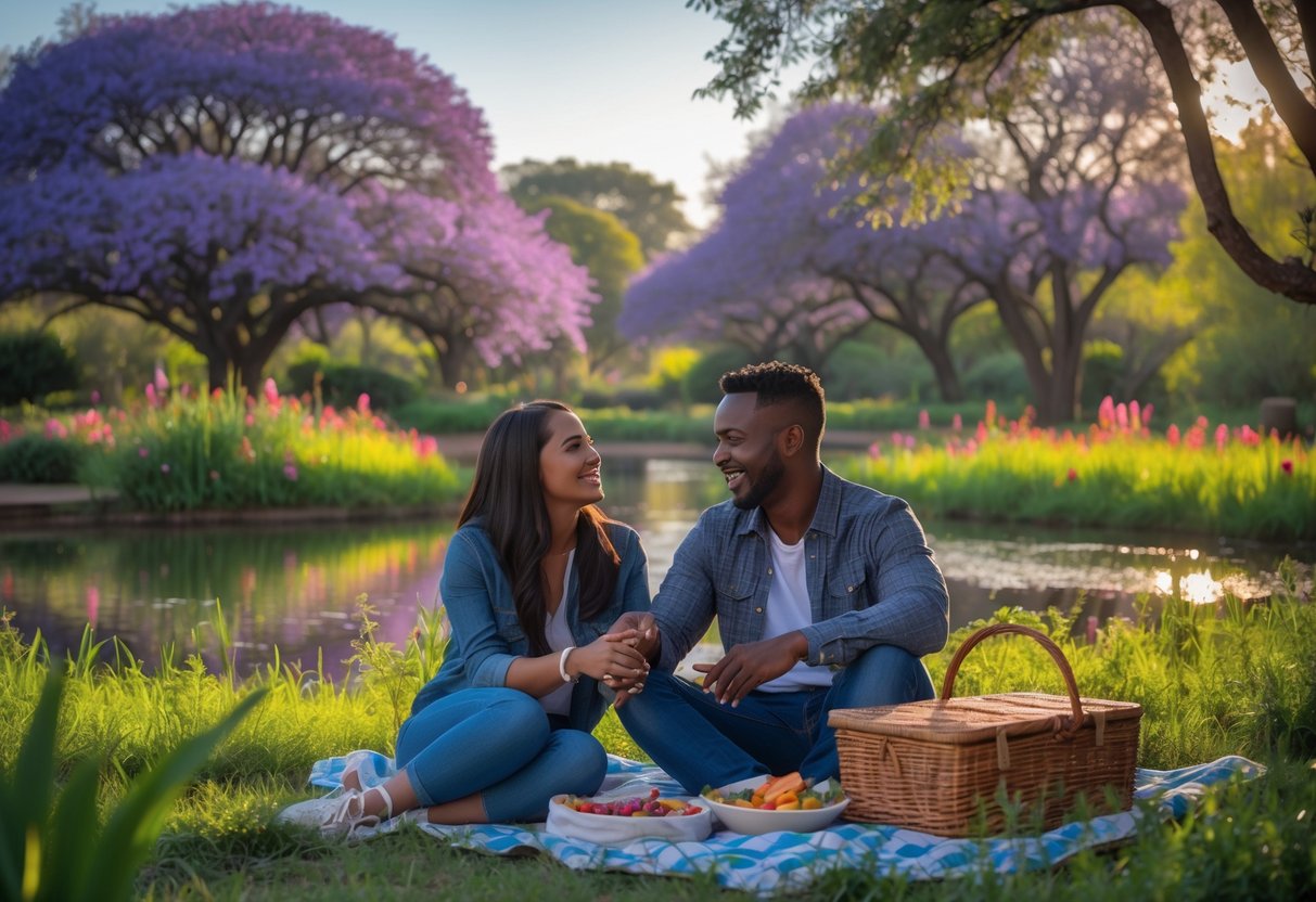 A young couple enjoying a picnic together in a lush garden with blooming jacaranda trees and a pond in the background.