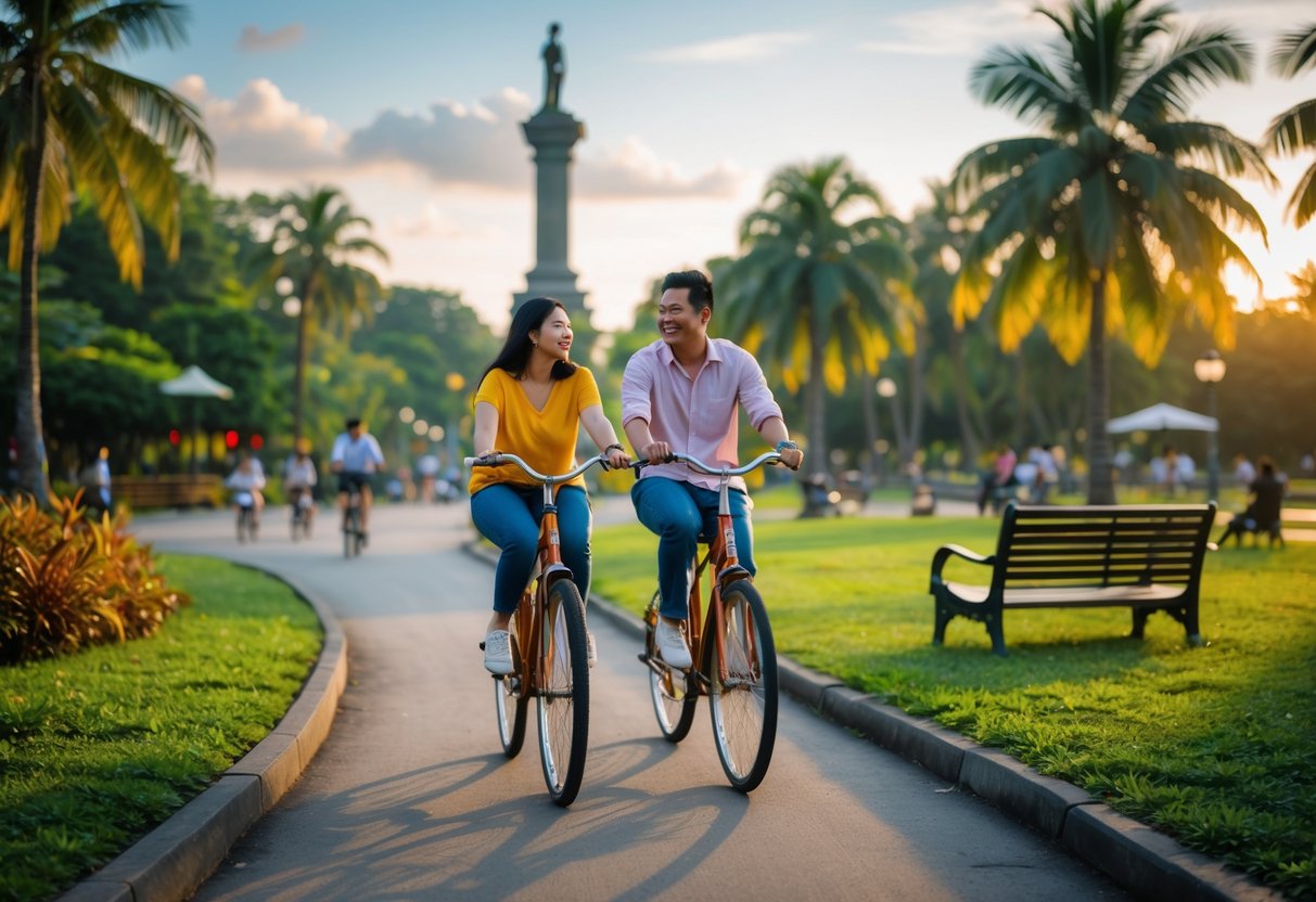 A couple riding bicycles together along a path in a lush park with trees and a monument in the background.