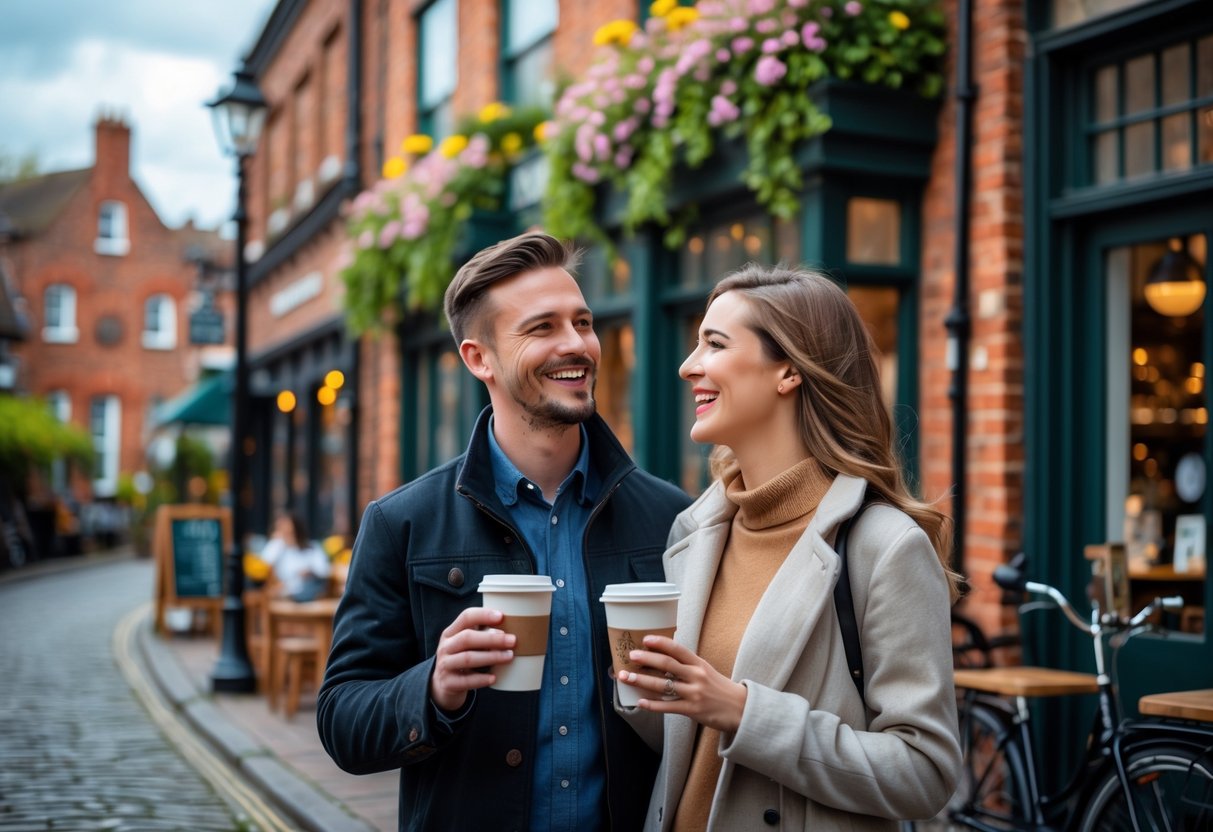 A couple walking and smiling on a cobblestone street in Ipswich with historic buildings and a small outdoor café in the background.