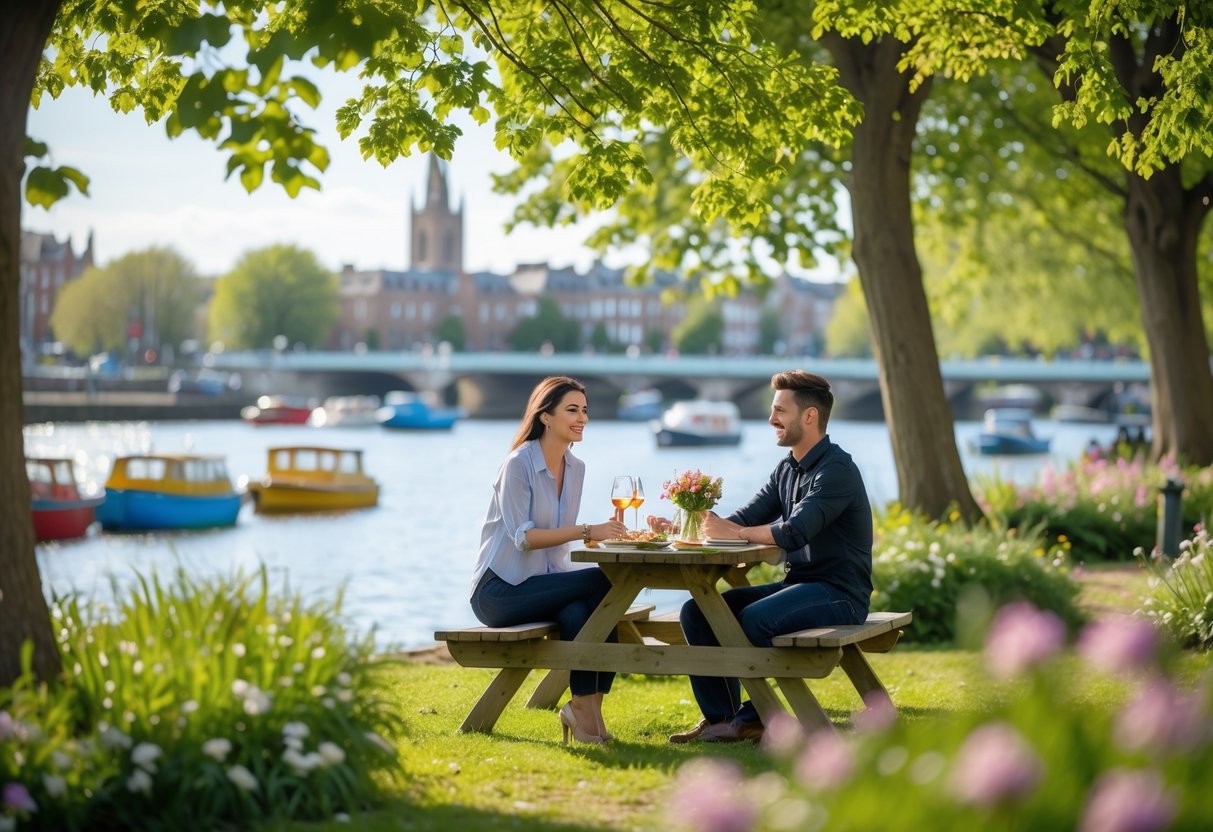 A young couple enjoying a picnic together by the riverside in Ipswich with boats and trees in the background.