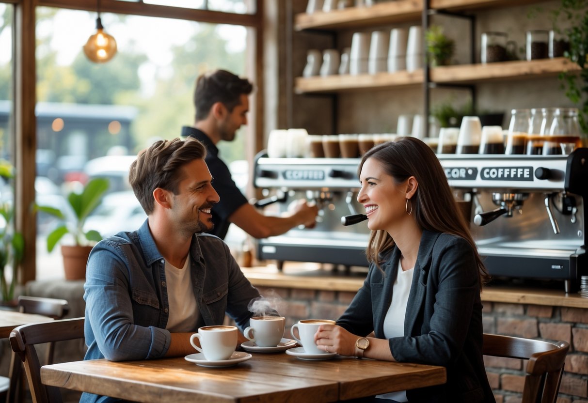 A young couple enjoying coffee together inside a cozy coffee shop with a barista preparing drinks in the background.