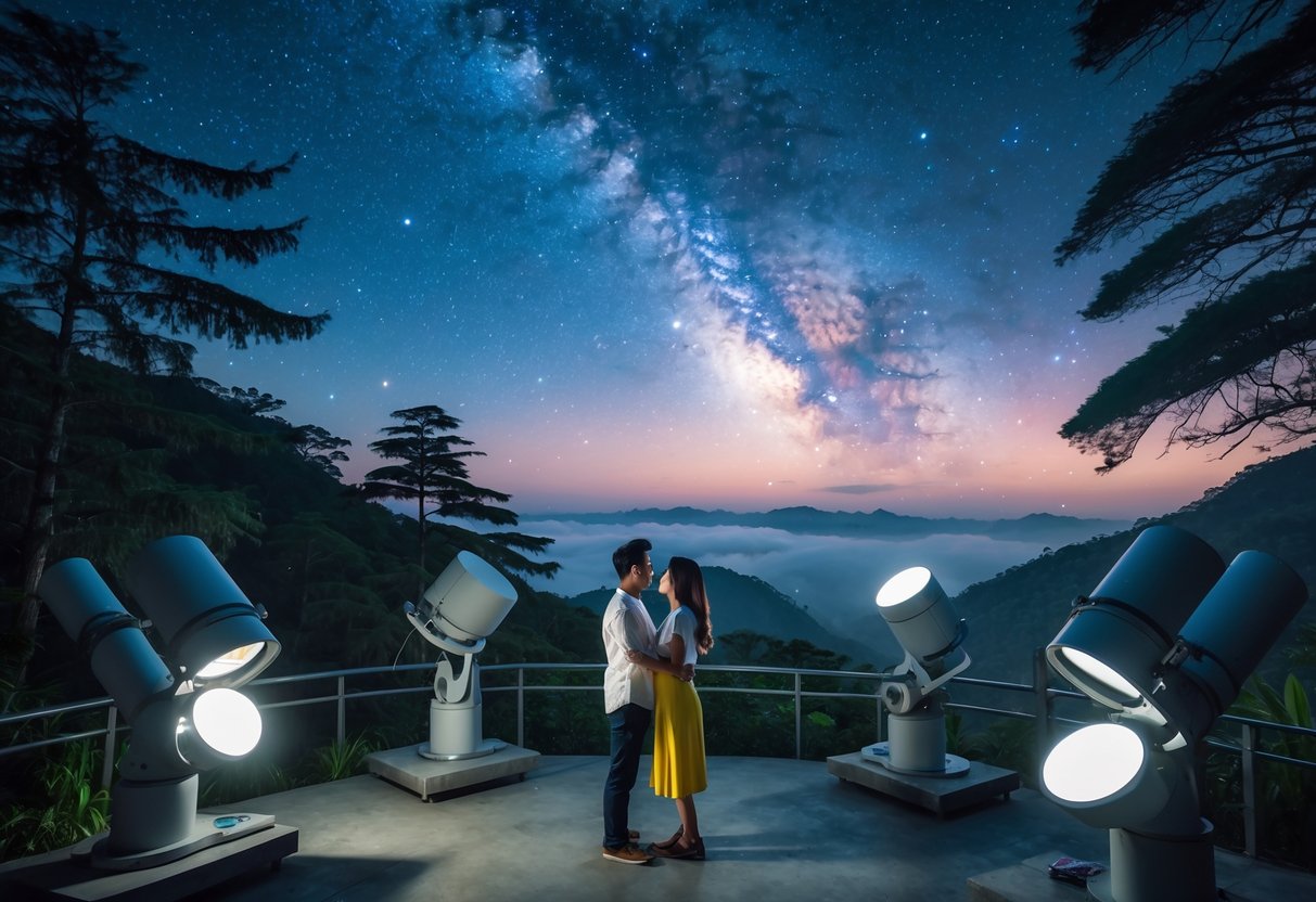 A couple standing at an open-air observatory in Baguio, looking up at a starry night sky with telescopes and pine trees around them.