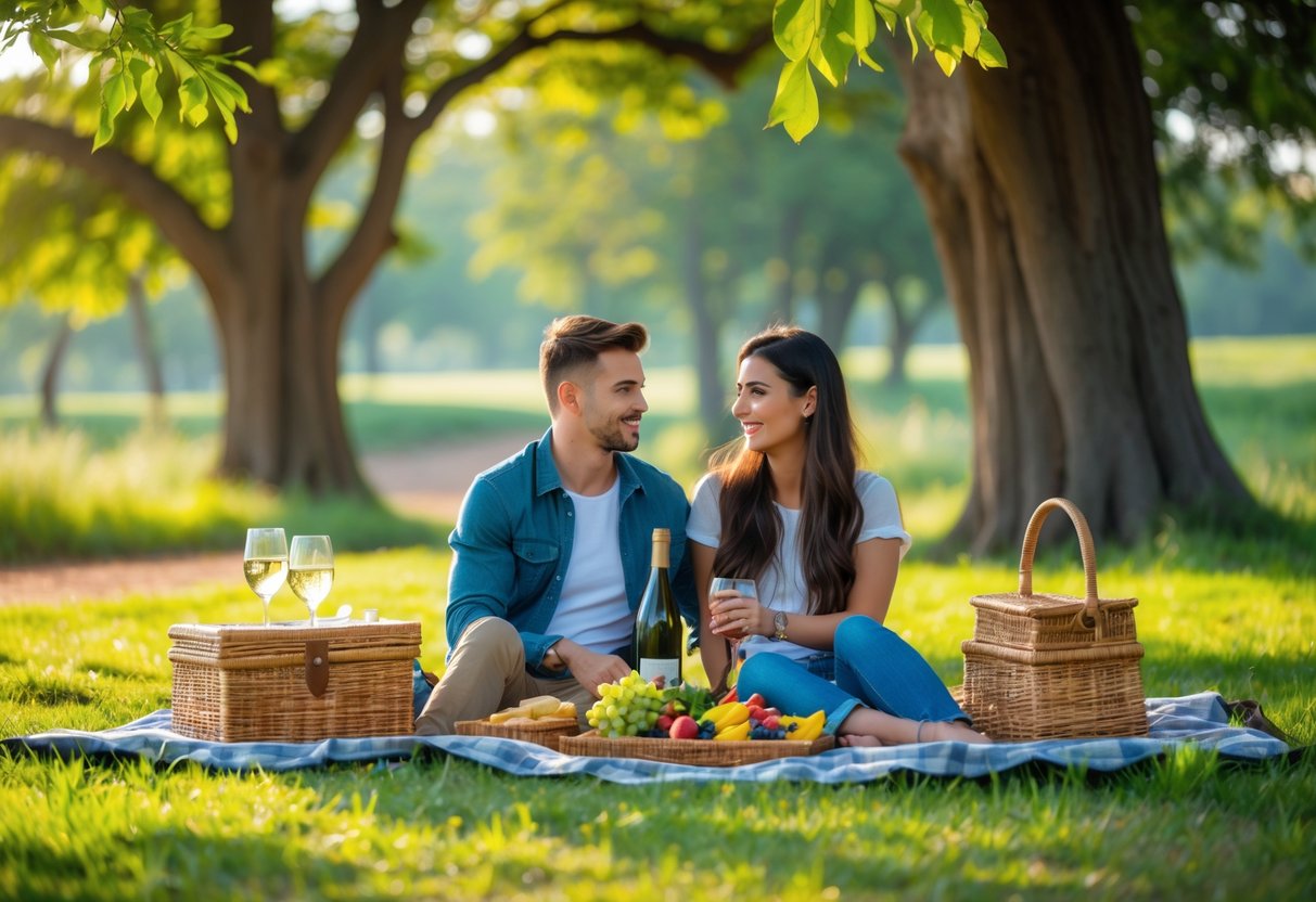 A couple enjoying a picnic on a blanket in a green nature reserve with trees and sunlight.