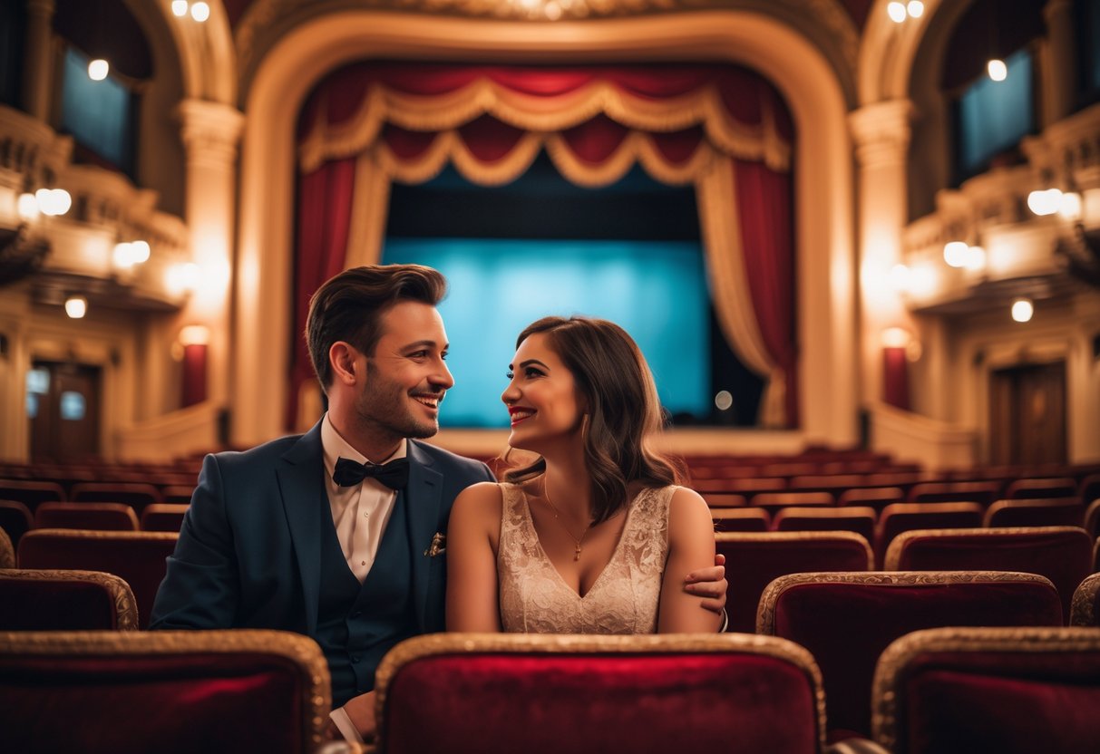 A couple sitting together in a theatre watching a live play, surrounded by red velvet seats and elegant architectural details.