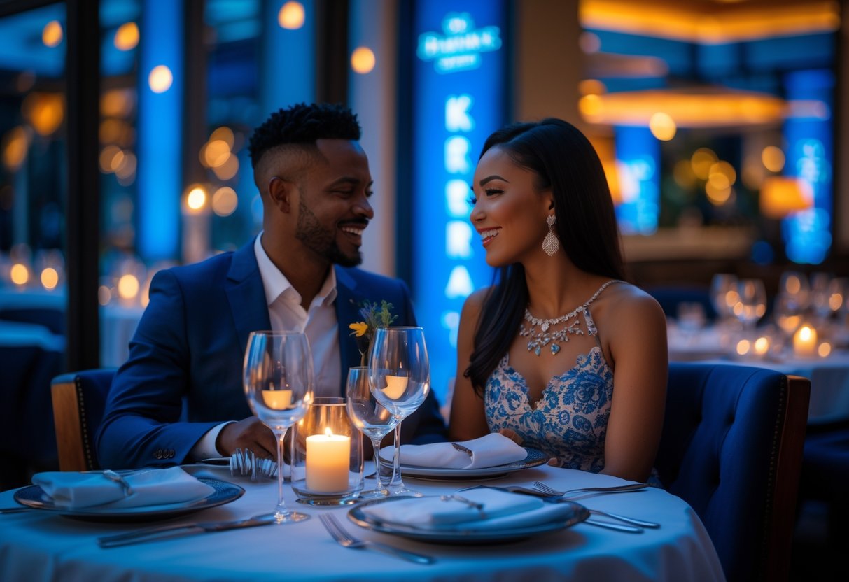 A couple enjoying a romantic dinner at a stylish restaurant with a beautifully set table and warm lighting.