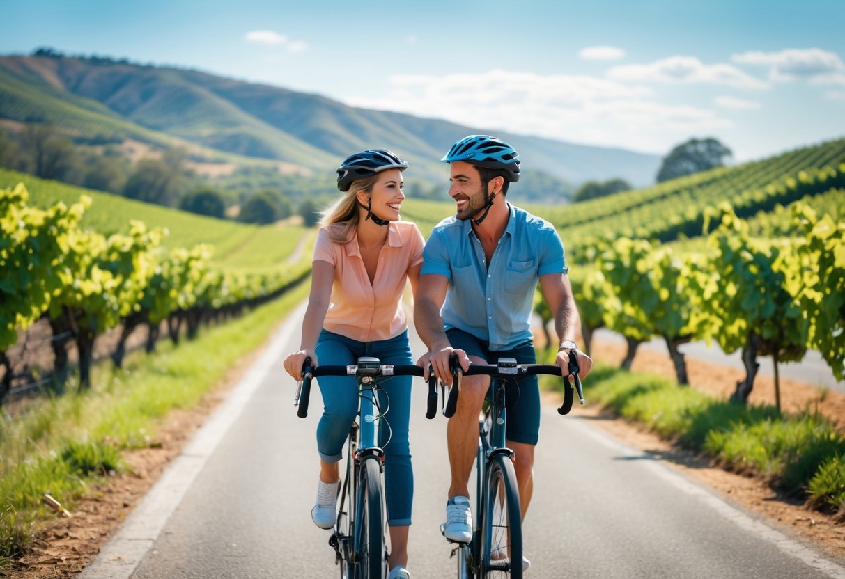 A couple cycling together on a road surrounded by vineyards and rolling hills.