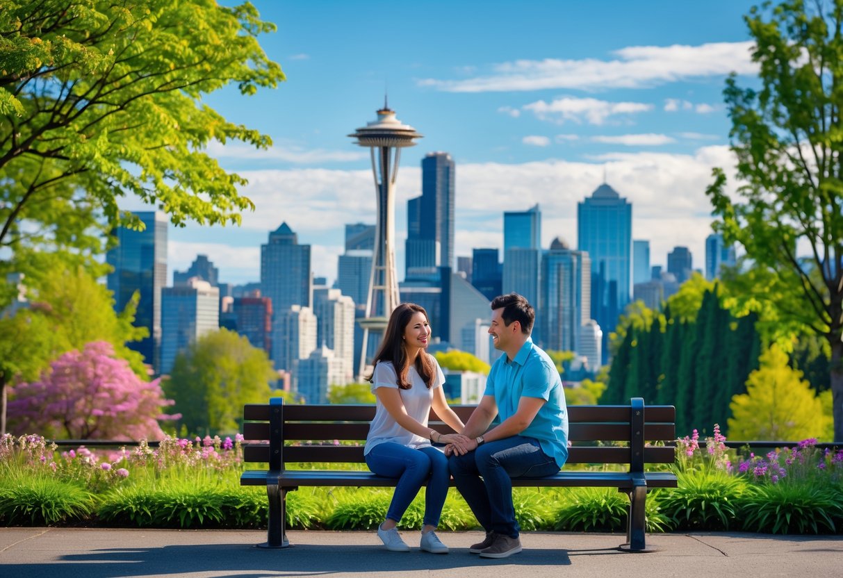 A young couple sitting on a bench at a park overlooking the Seattle skyline with the Space Needle in the background.