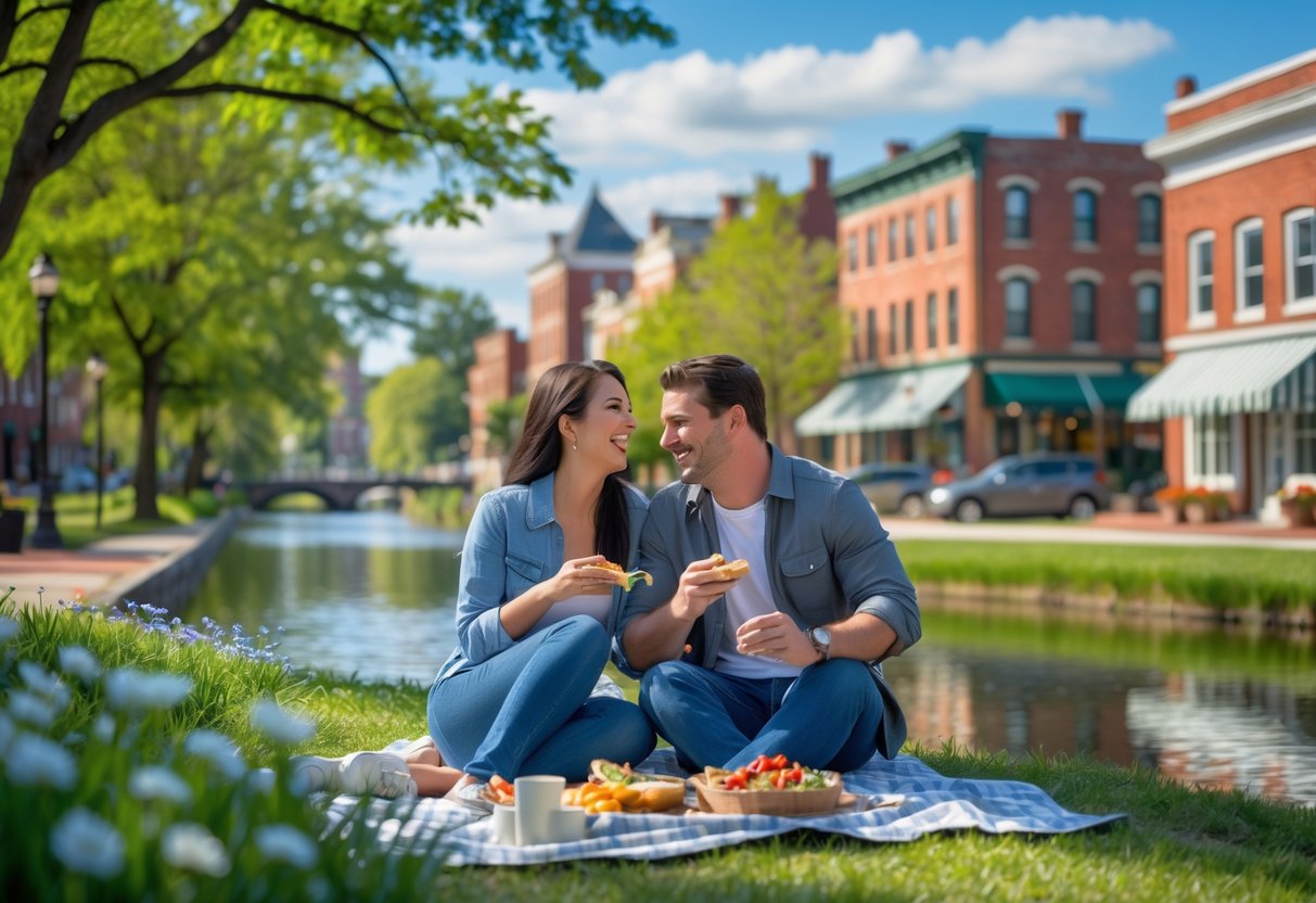 A young couple enjoying a picnic by a pond in a park with trees and historic buildings in the background.