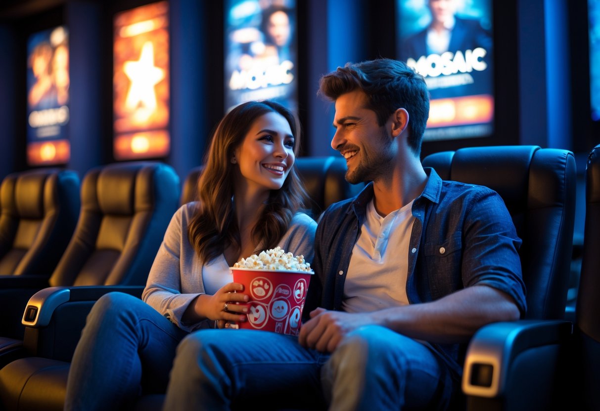 A young couple sitting together in a cinema theater, sharing popcorn and smiling.