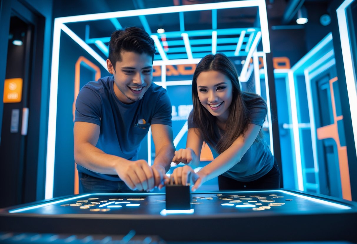 A young couple working together on a physical puzzle inside an interactive adventure facility.