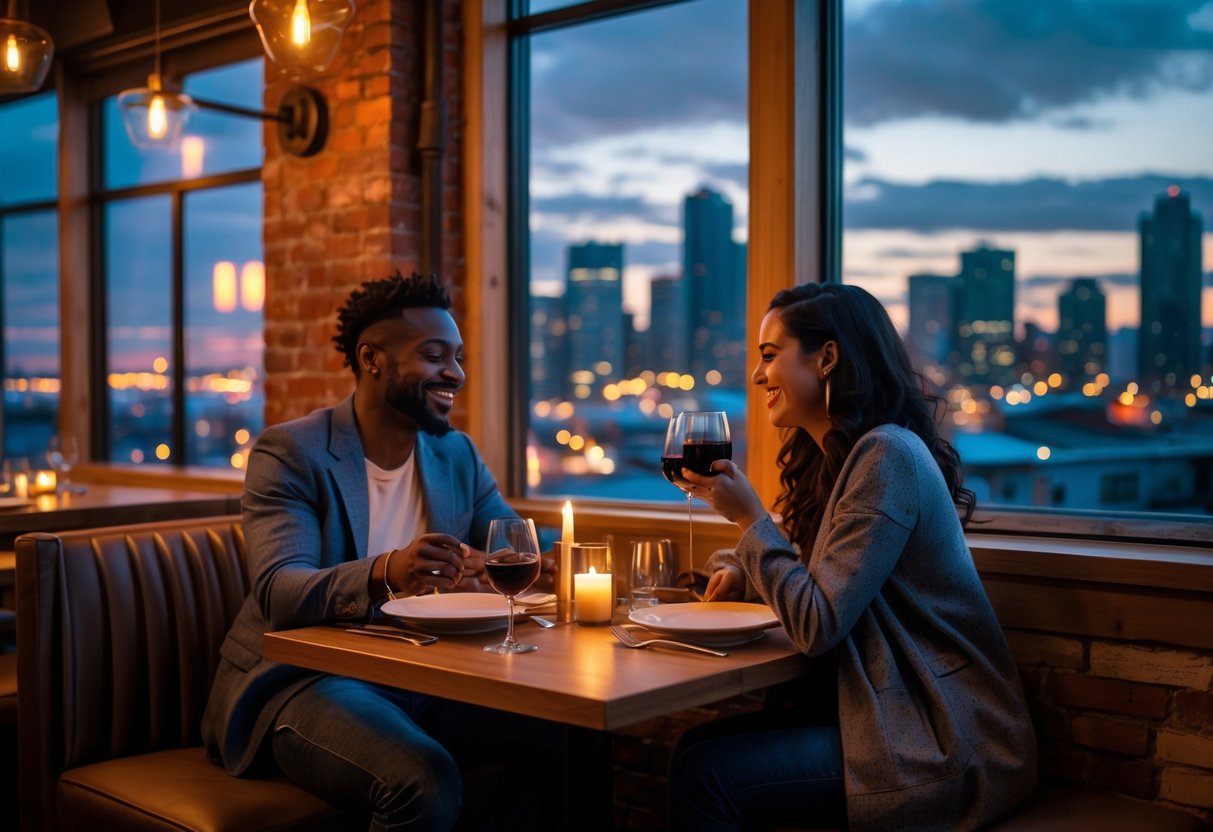 A couple enjoying a cozy dinner together at a small table inside a Seattle restaurant with city skyline visible through the window.