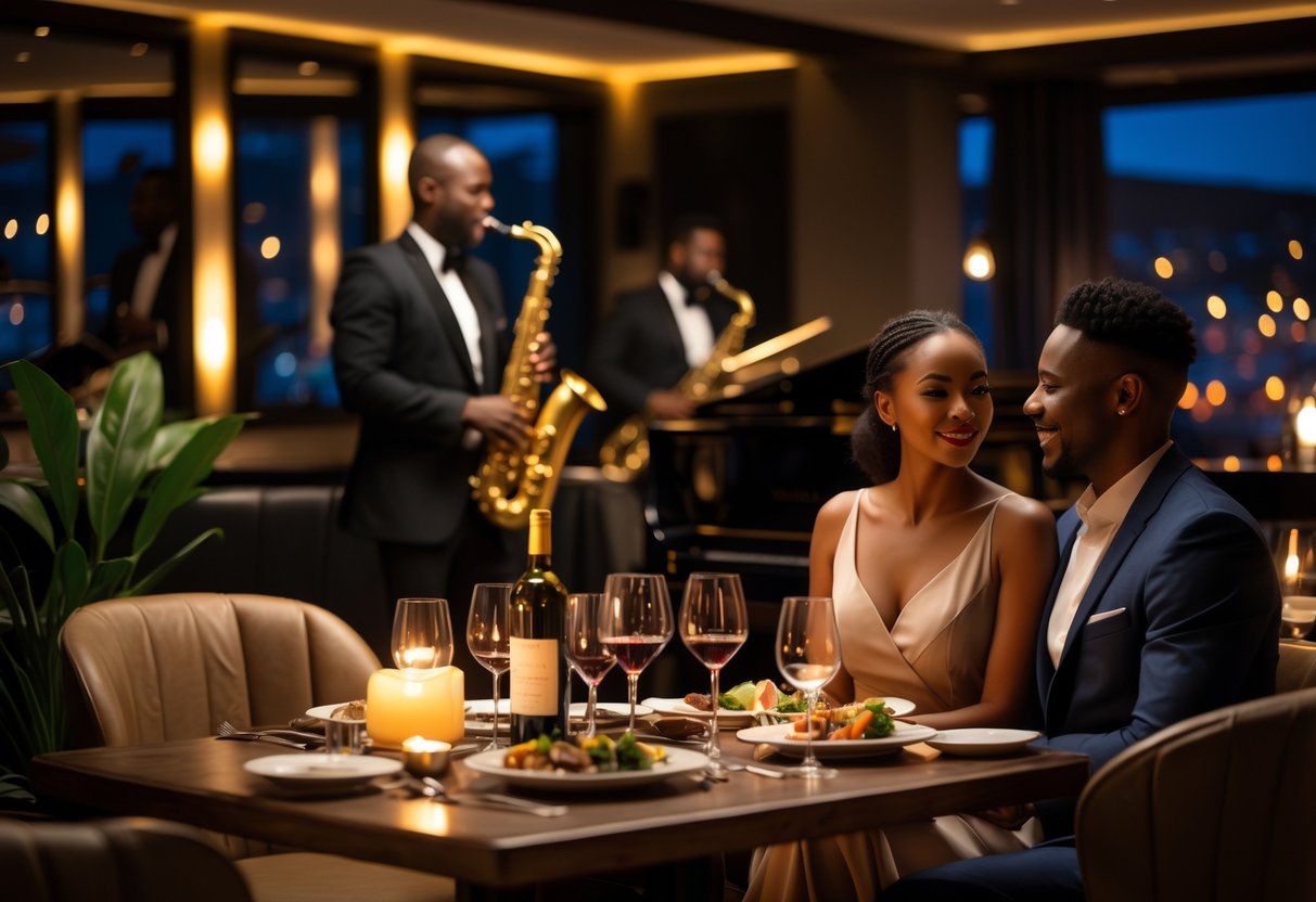 A couple enjoying an elegant dinner with live jazz music in a stylish restaurant.