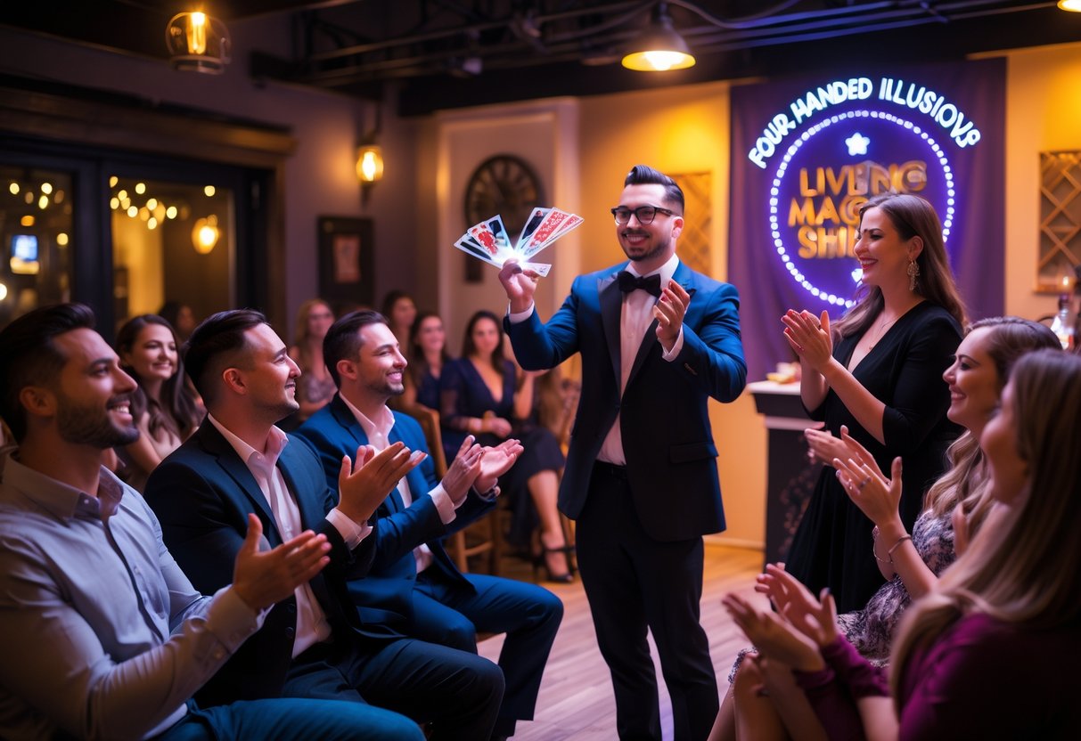 Couples watching two magicians performing a live magic show on stage in a cozy venue.
