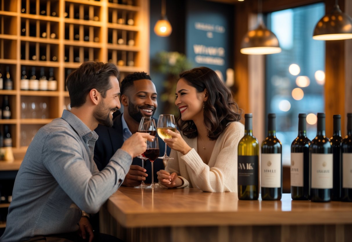 A couple enjoying wine tasting together at a cozy wine bar with bottles and glasses on the counter.