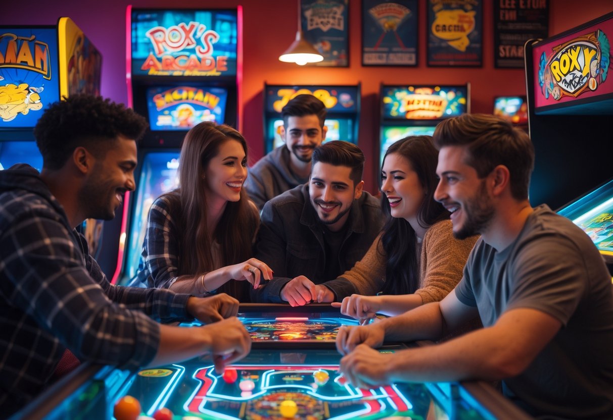 A couple enjoying vintage arcade games together inside a colorful, lively arcade.