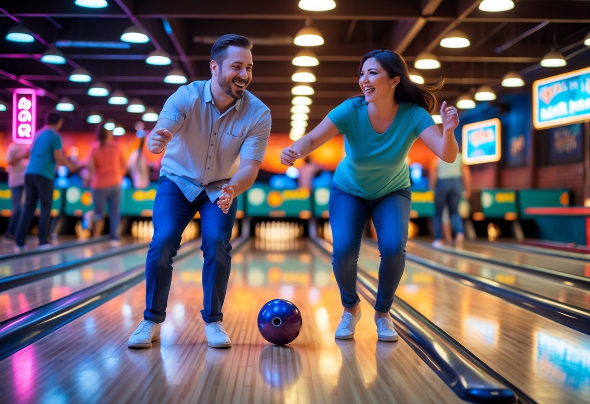 A smiling couple enjoying bowling together at a lively bowling alley with colorful balls and wooden lanes.