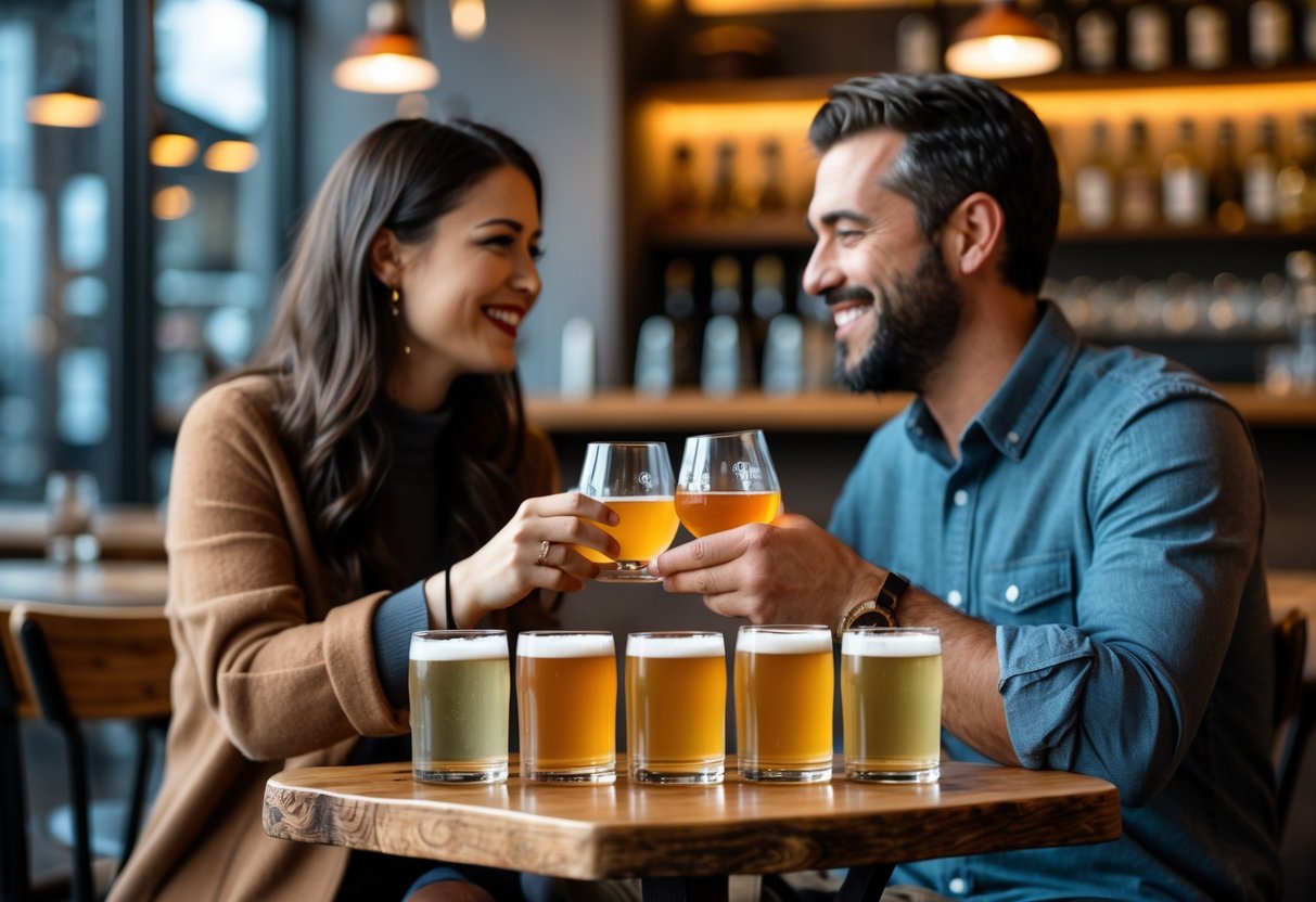A couple sitting at a table in a cider bar, tasting different ciders and enjoying their time together.