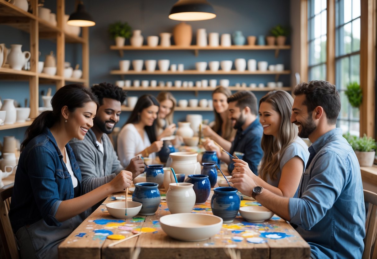 Couples painting pottery together at a cozy pottery studio with wooden tables and art supplies.