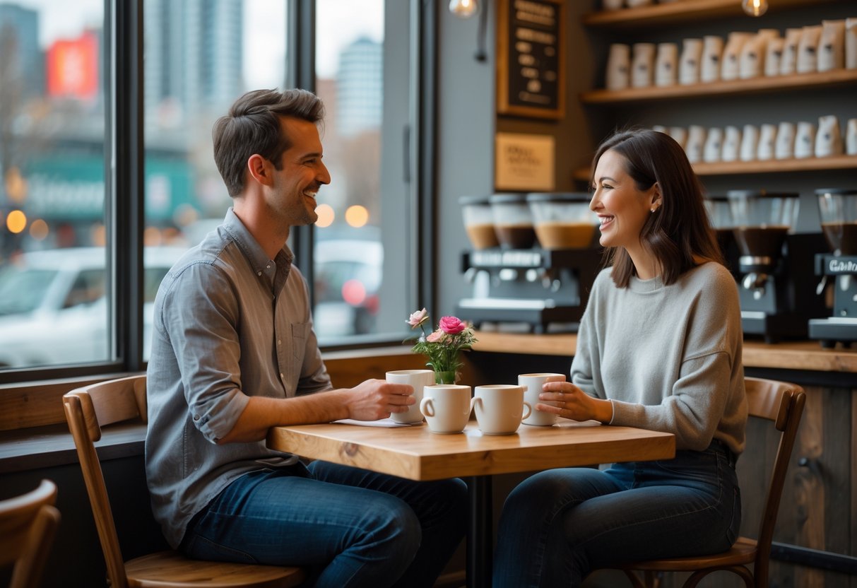 A young couple sitting at a small table in a coffee shop, smiling and enjoying coffee together near a window with a view of the city.