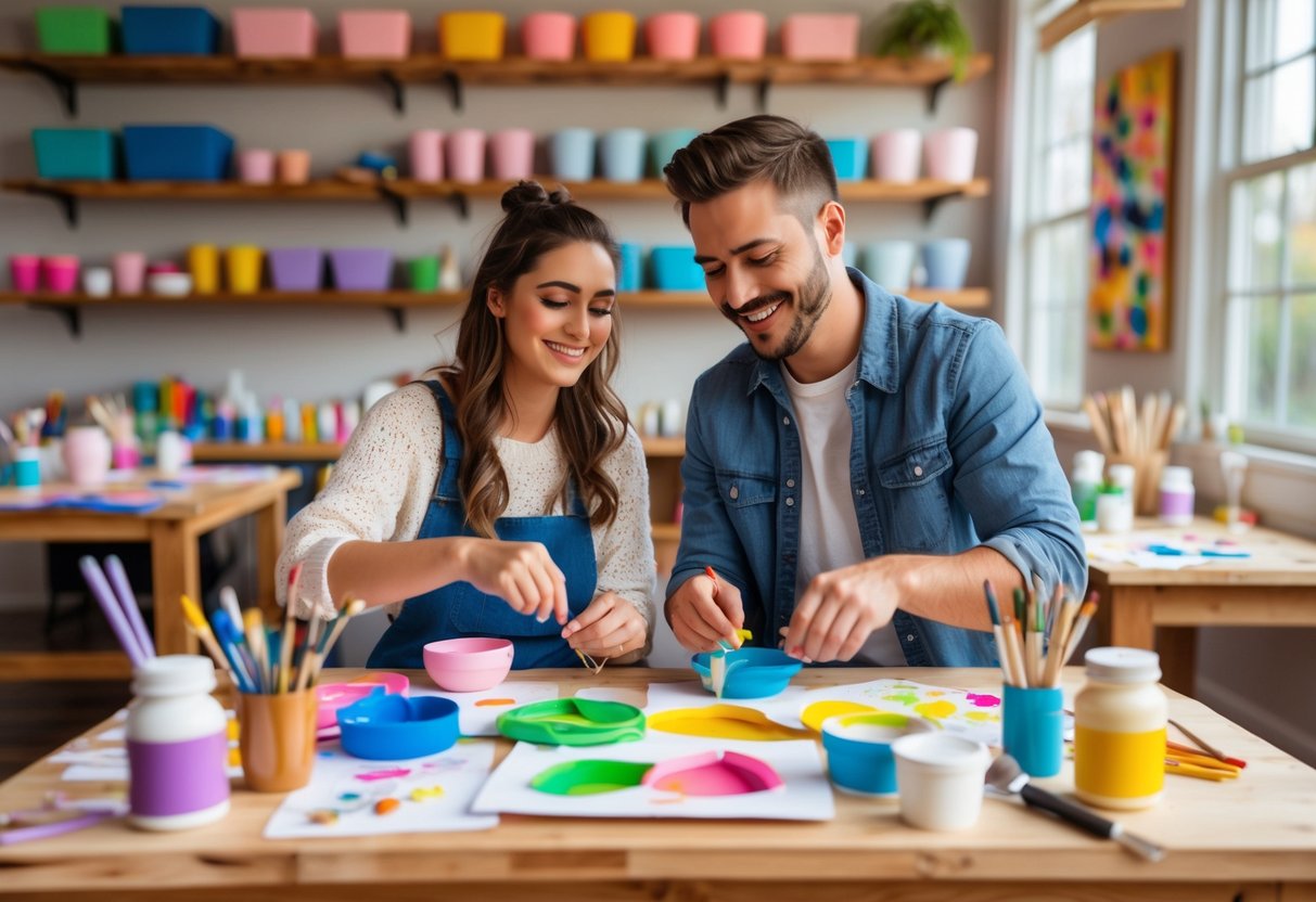 A young couple making crafts together in a bright, cozy craft studio with art supplies on the table and shelves in the background.