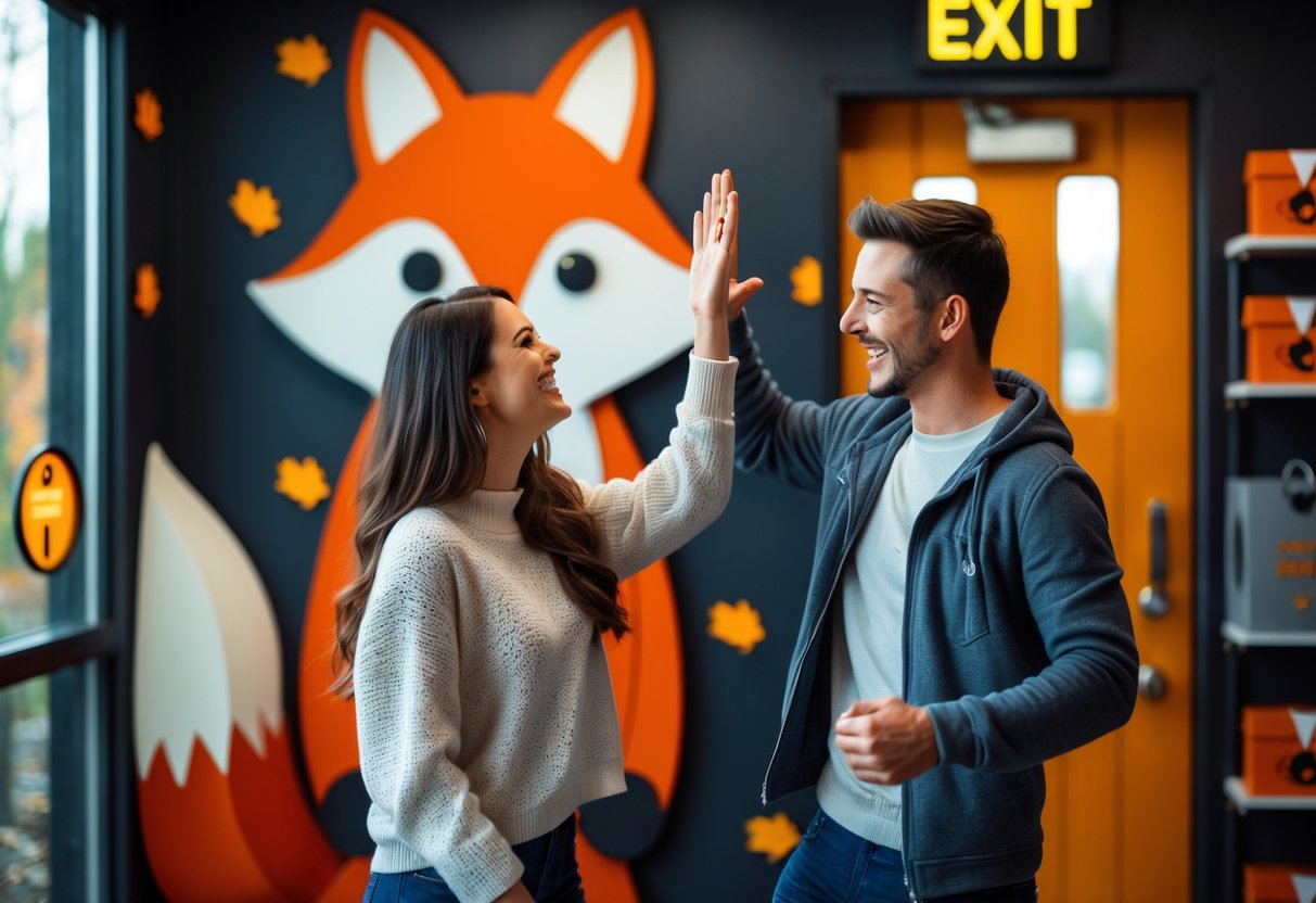 A young couple celebrating after completing an escape room challenge inside a decorated room with puzzle elements.
