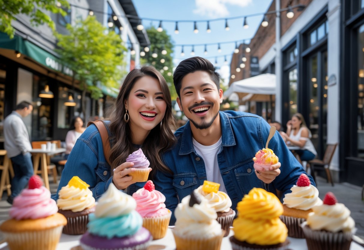 A young couple enjoying colorful desserts together outdoors in a lively urban neighborhood with cafes and shops in the background.