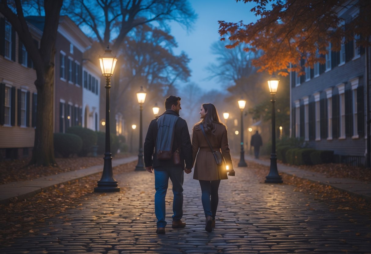 A couple on a ghost tour walking along a historic street with old buildings and autumn trees at dusk.