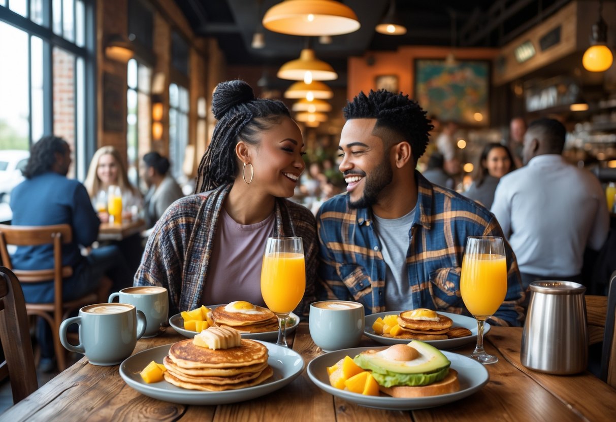 A young couple enjoying brunch together at a lively restaurant with colorful food and warm lighting.